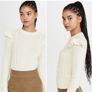 Veronica Beard Earl Ruffle Cable Knit Cotton Sweater Ivory Size L